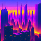 Colorful digital cityscape with purple and pink skyscrapers and flying vehicles under a sunset sky