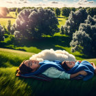 Identical Women Resting on Grass Field with Blue Blankets