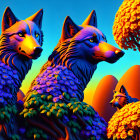 Stylized 3D-rendered wolves with blue fur and orange tree in surreal landscape