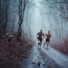 Group of people in primitive attire running through misty forest