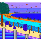 Pixelated tropical island scene with beach, boats, paragliders, umbrellas, clear waters