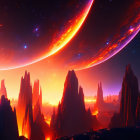 Sci-fi landscape with fiery spires and glowing celestial body