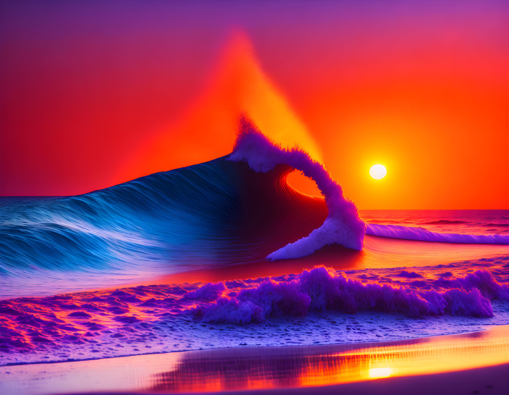 Vibrant beach scene: large blue wave, radiant sunset sky