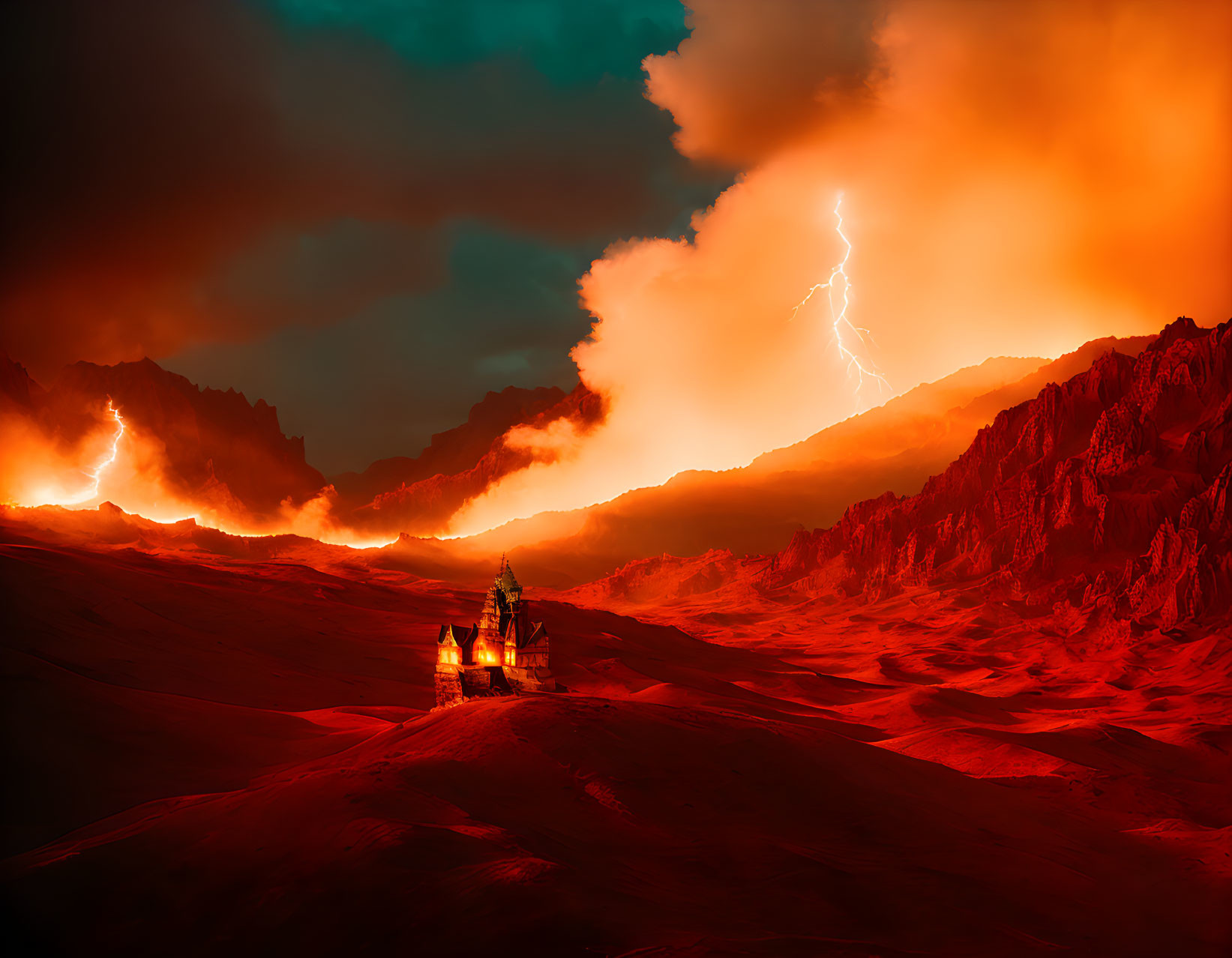 Castle in fiery landscape with jagged mountains and lightning bolts