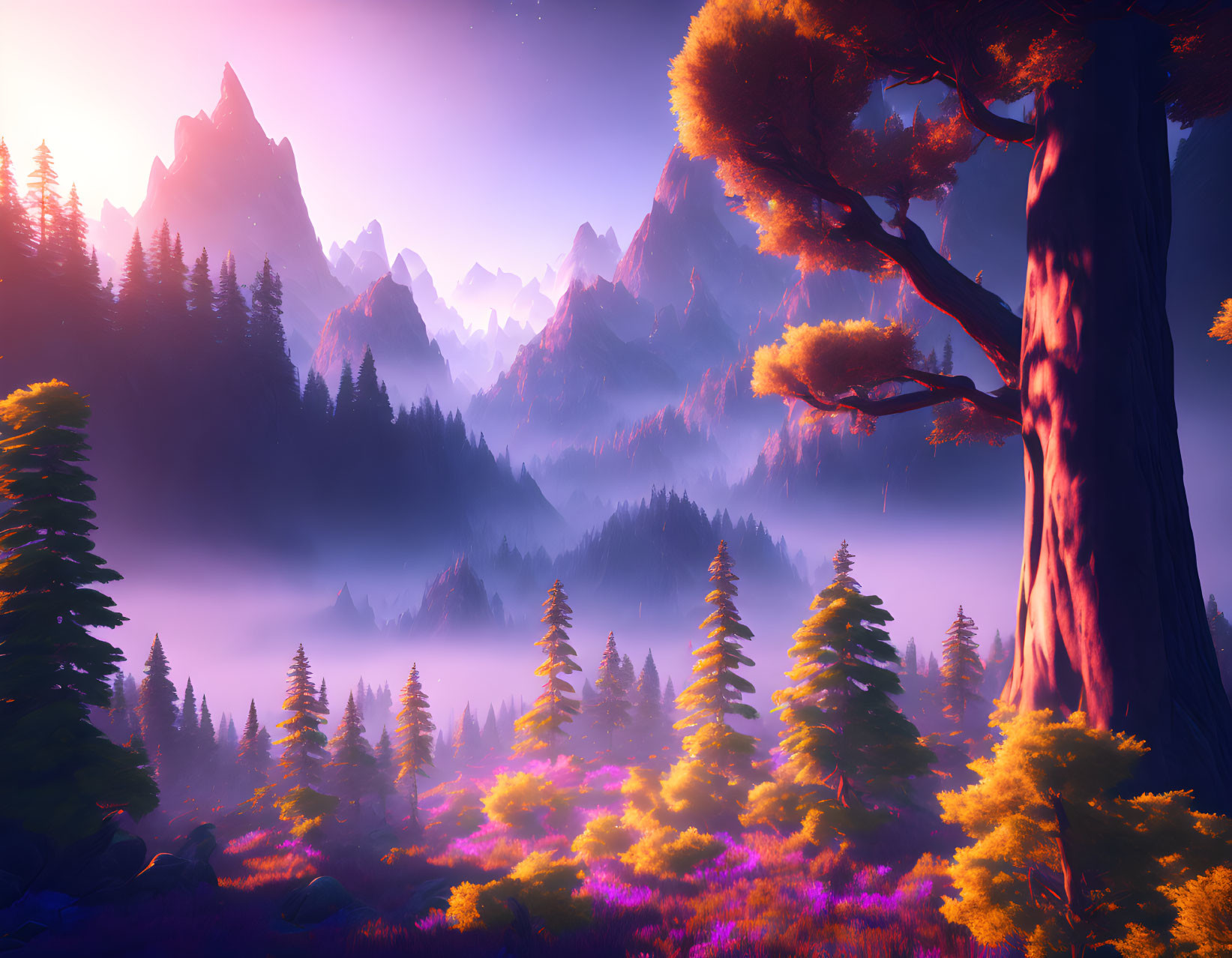 Majestic mountains and purple hues in a magical landscape