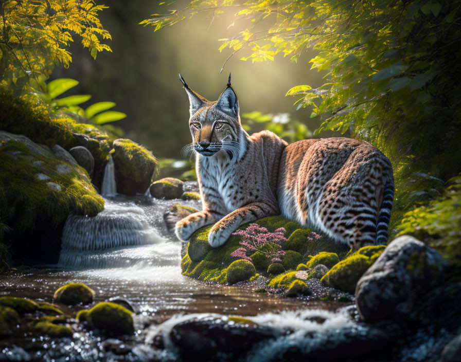 Majestic lynx resting on mossy rock in serene forest landscape