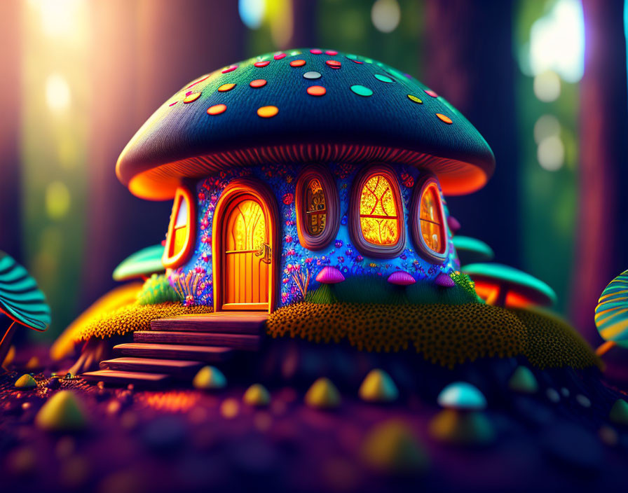 Colorful fantasy mushroom house in enchanted forest