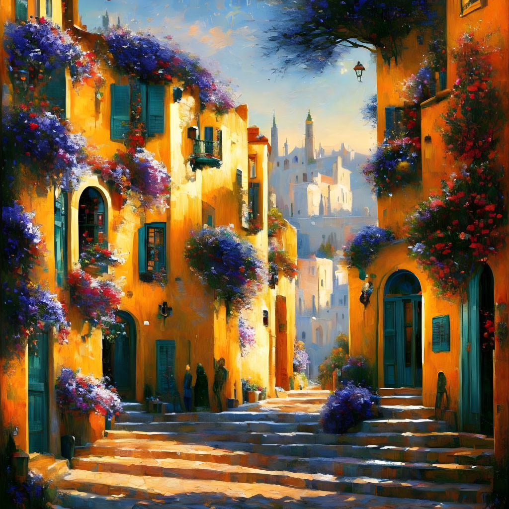 Colorful painting of sunlit cobblestone street with golden buildings and purple flowers.