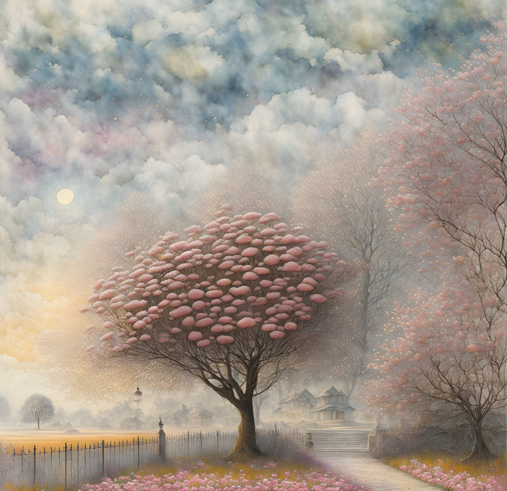 Blossoming tree, misty pathway, traditional houses under hazy sun