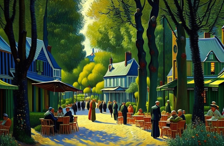 Colorful painting of a quaint street scene with people and vibrant houses