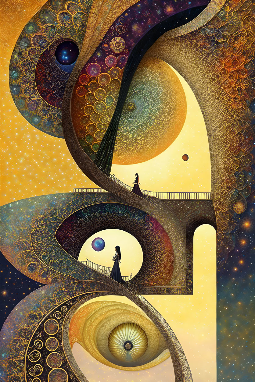 Fantastical cosmic artwork with swirling figures in yin-yang theme.