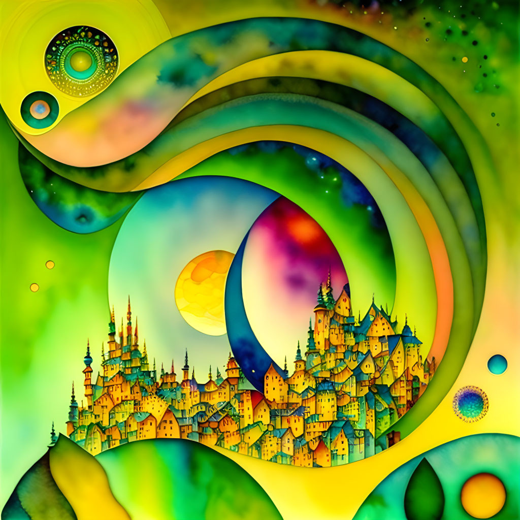 Colorful Psychedelic Cityscape Artwork with Celestial Background