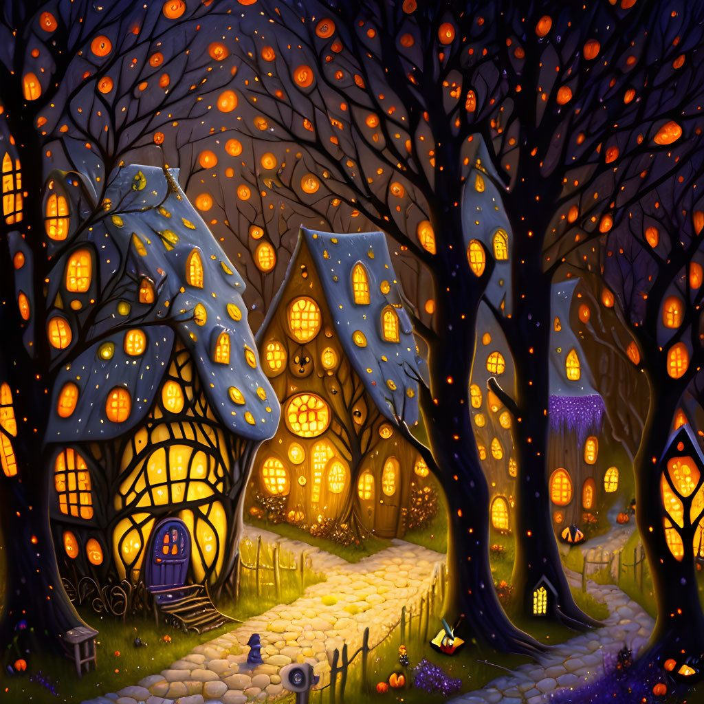 Whimsical illustration of magical village with glowing treehouses