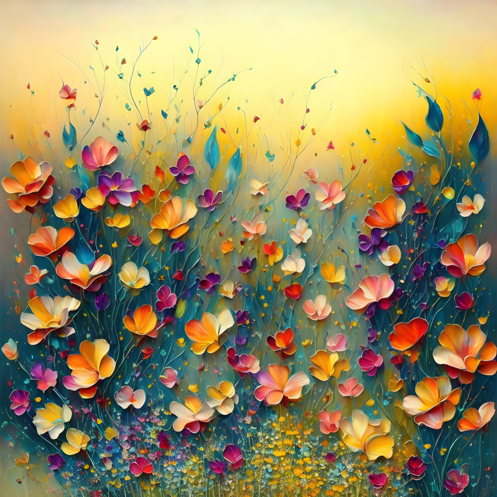 Colorful Flower Field Painting with Warm Sunset Background