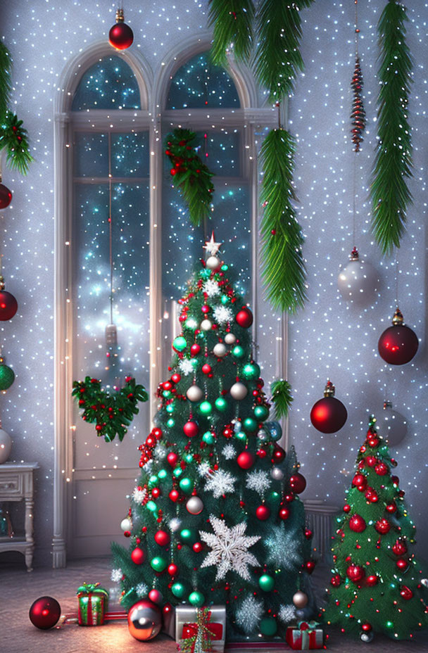 Festive Christmas tree with red and white ornaments and gifts by frosted window