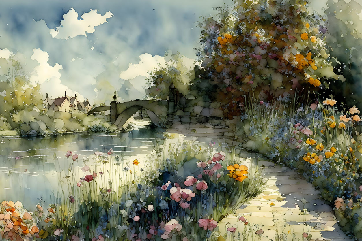 Tranquil watercolor: Garden path, stone bridge, village view