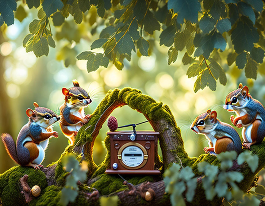 Four cartoon squirrels on tree branch with old-fashioned radio and acorn microphone