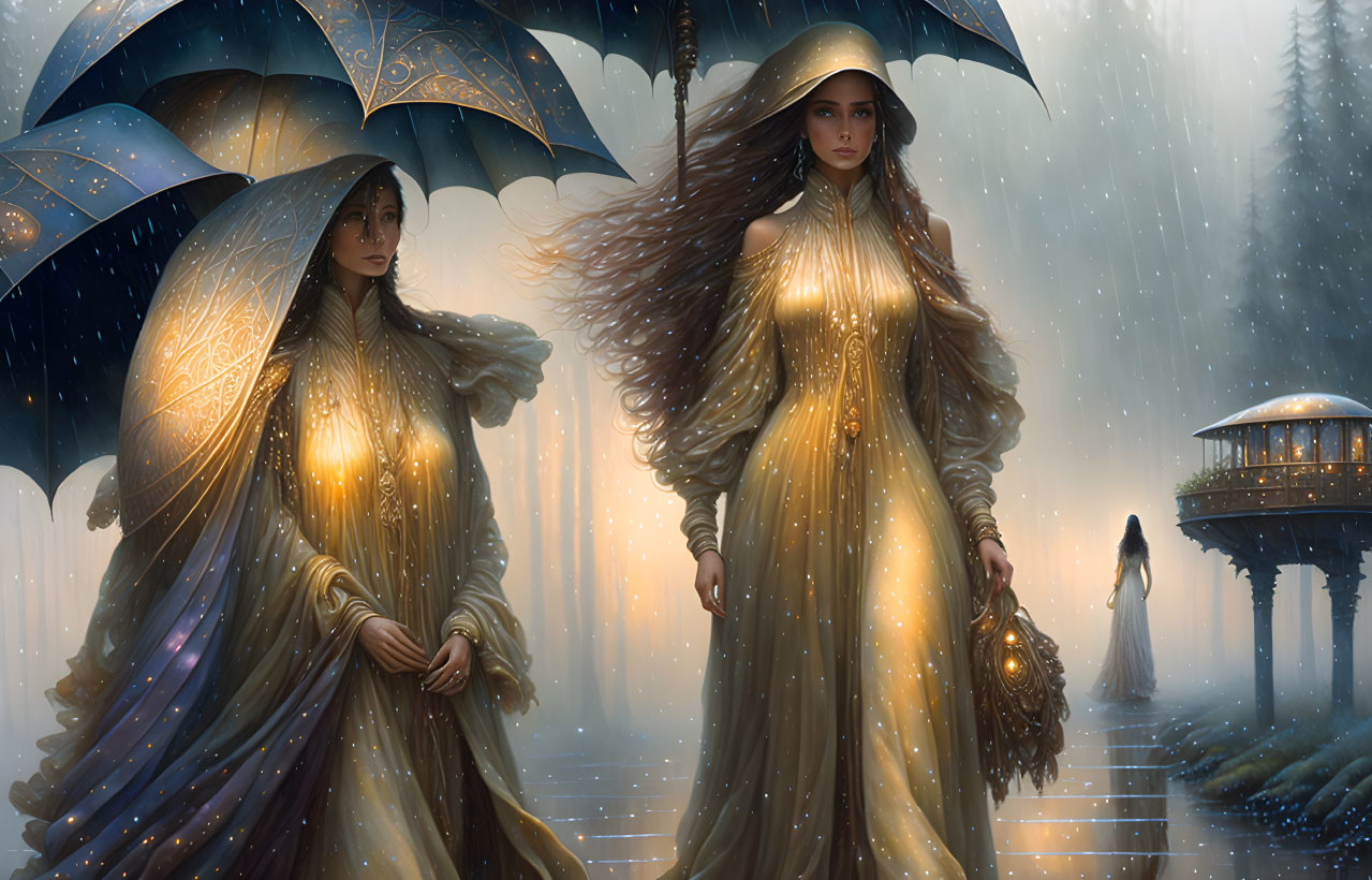 Ethereal forest scene: Two women with umbrellas in rain, glowing dresses, distant figure