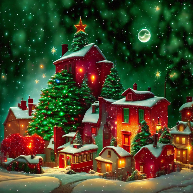 Snow-covered houses, Christmas lights, decorated tree under starry night.