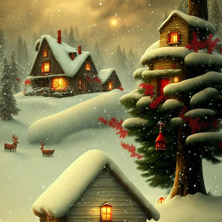 Snow-covered houses, glowing windows, pine trees, and reindeer in serene winter landscape