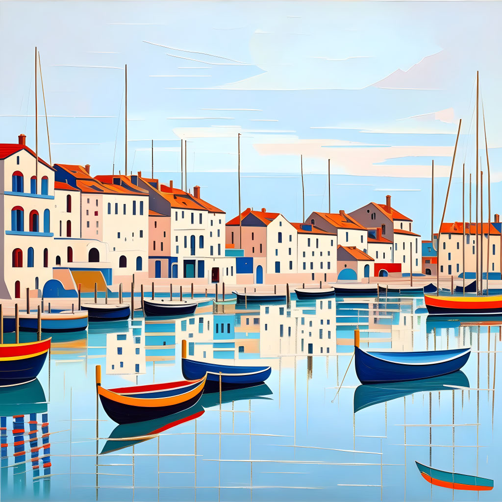 Colorful boats in tranquil harbor with Mediterranean-style buildings reflected on calm blue waters