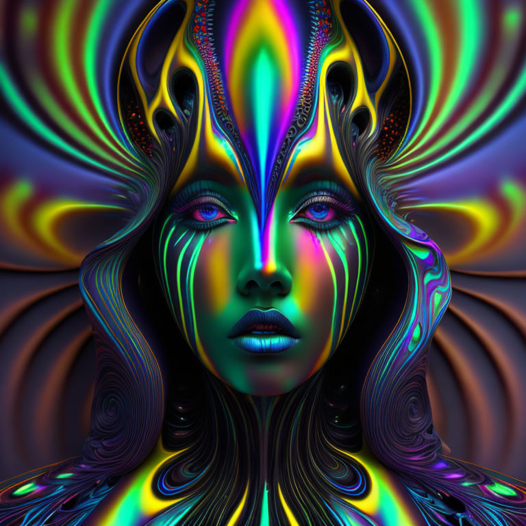 Colorful digital artwork: female figure with psychedelic patterns & swirls