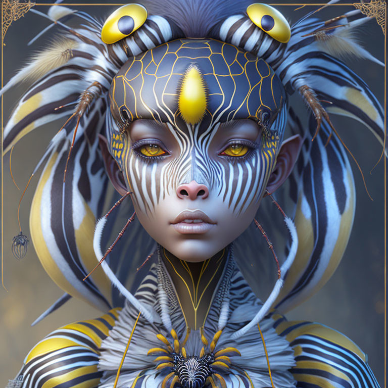 Fantasy portrait featuring zebra motifs, yellow eyes, intricate facial markings, and spiderweb headgear