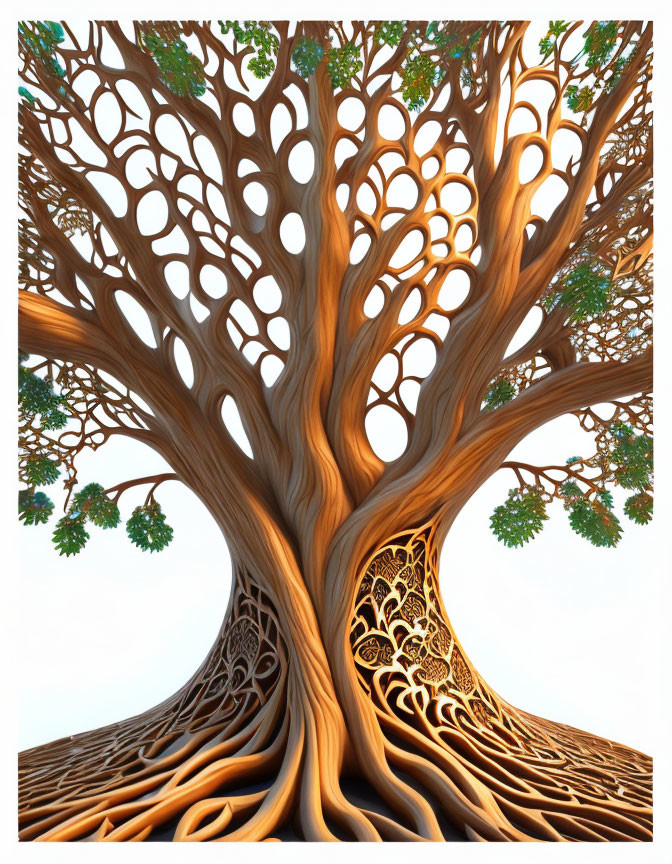 Detailed Digital Artwork: Stylized Tree with Complex Branches and Roots