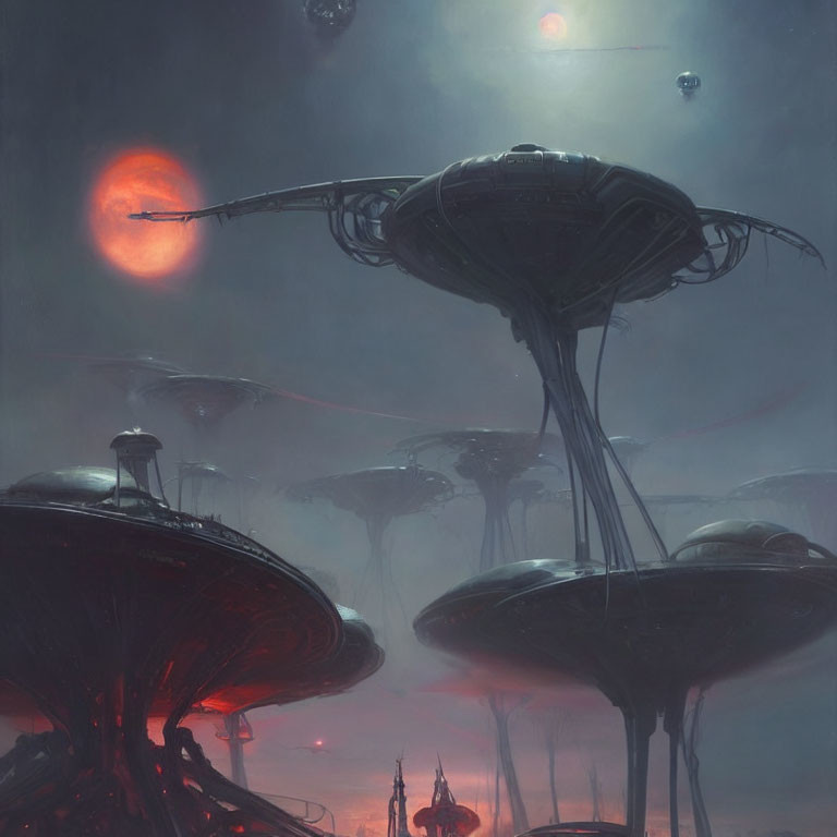 Sci-fi landscape with towering mushroom structures and red moon