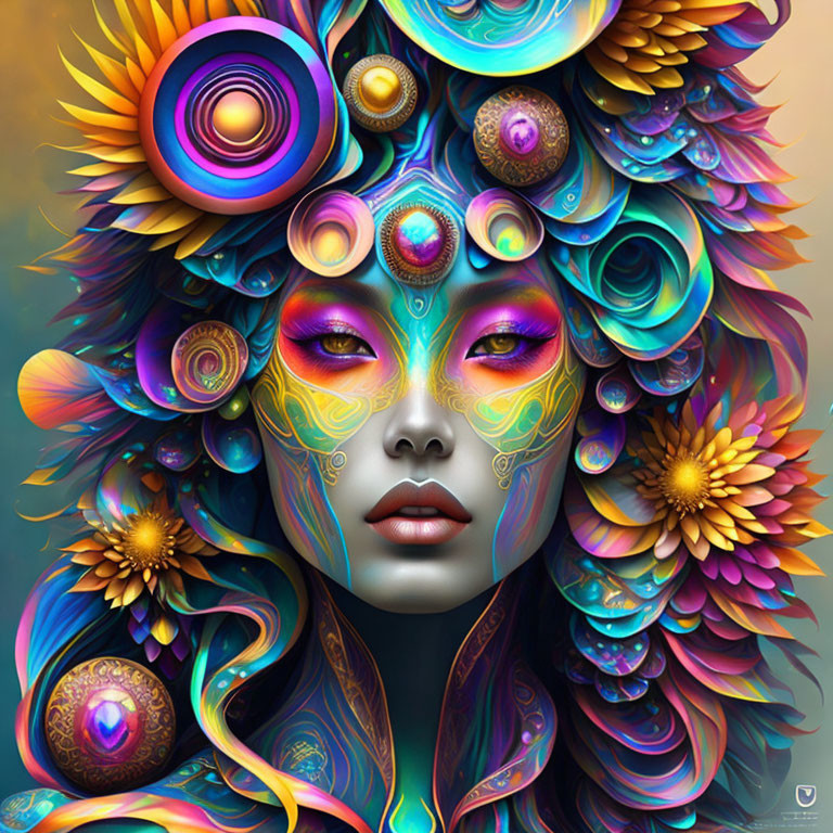 Vibrant digital artwork: Woman's face with floral and psychedelic patterns