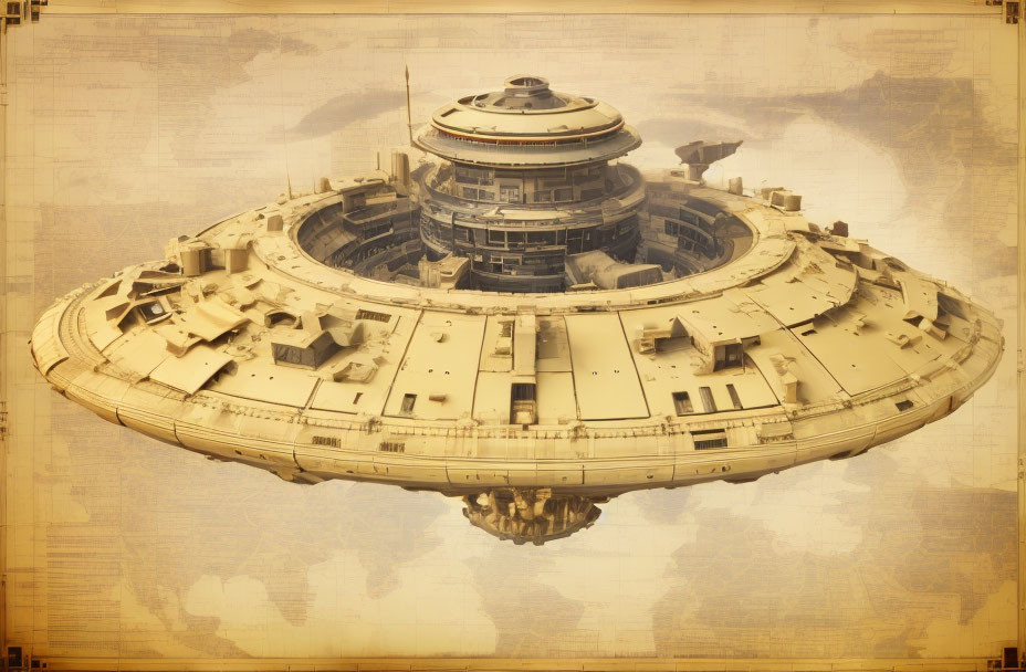 Detailed sepia-toned model of a circular sci-fi spaceship with intricate layers and textures.