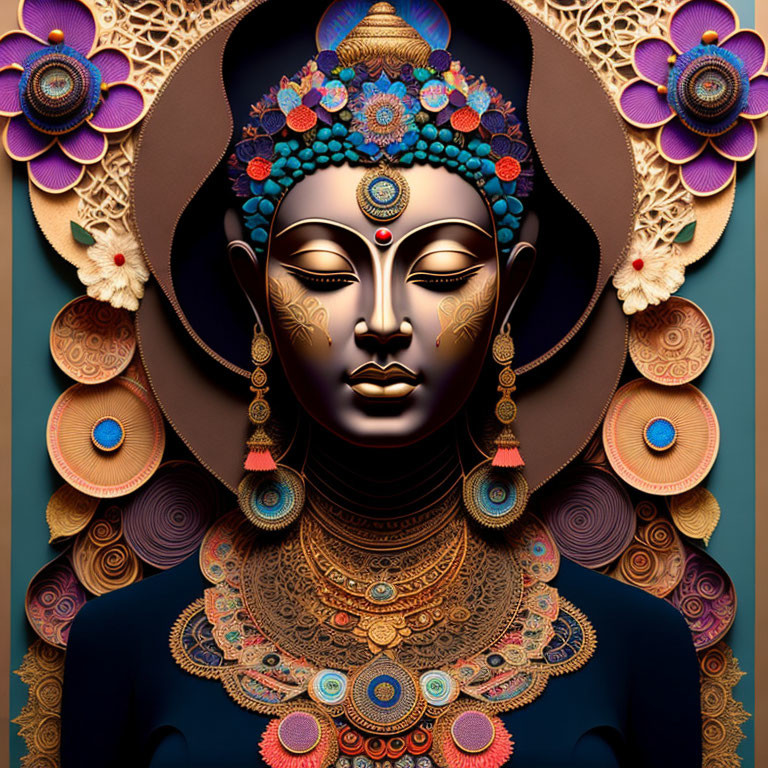 Stylized serene female face with geometric floral headdress in blues, golds, purples