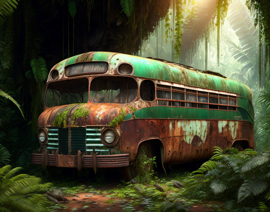 Abandoned rusty bus covered in vegetation in lush forest