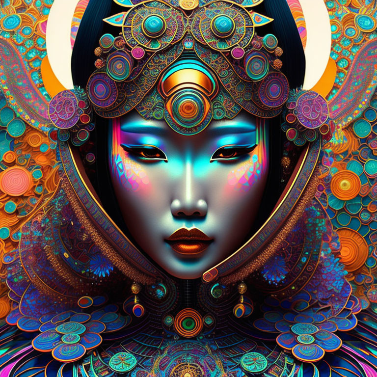 Colorful digital artwork of a woman with ornate headgear and mystical aura