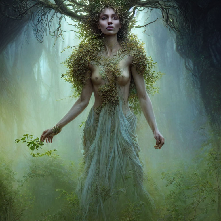 Mystical female figure with foliage hair in foggy forest