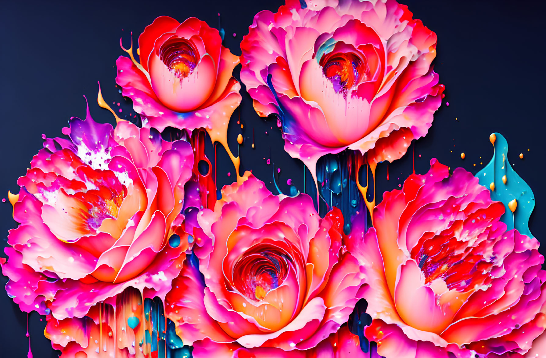 Colorful Neon Roses Artwork with Dynamic Drips on Dark Background