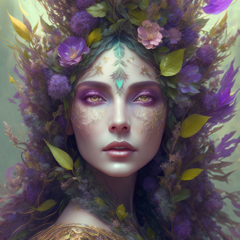 Woman with floral headdress and ethereal makeup in mystical setting