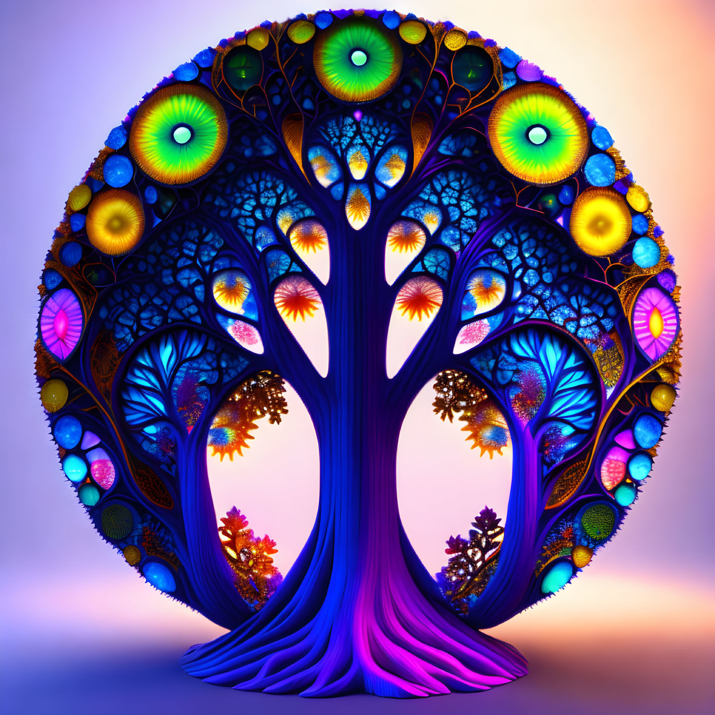 Colorful Tree Illustration with Intricate Branches and Leaves