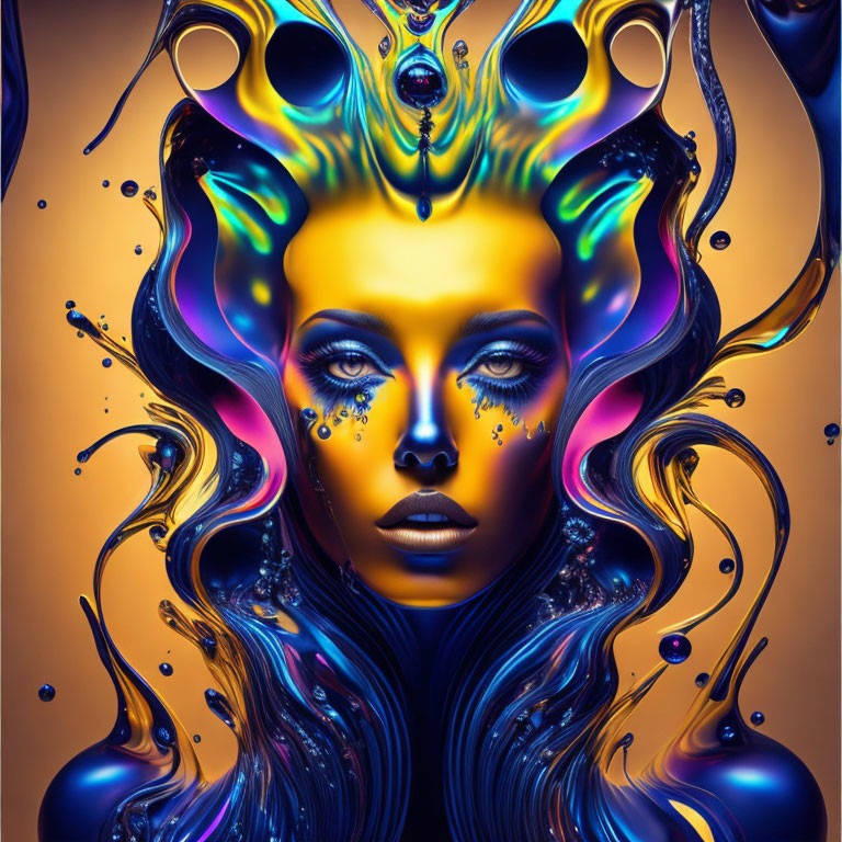 Colorful digital artwork: Female figure, flowing hair, surreal liquid and metallic effects