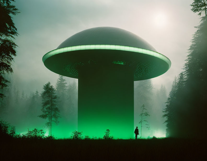 Misty forest scene with person and glowing UFO in green light.