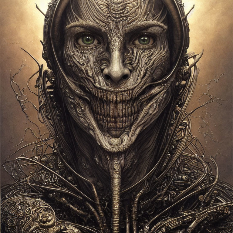 Detailed humanoid illustration with reptilian features and mechanical elements.