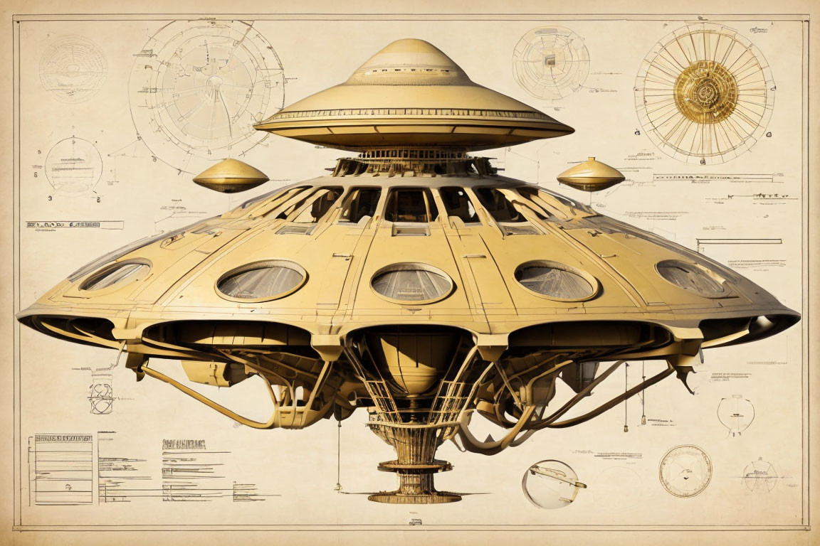 Detailed Vintage UFO Schematics on Sepia Blueprint