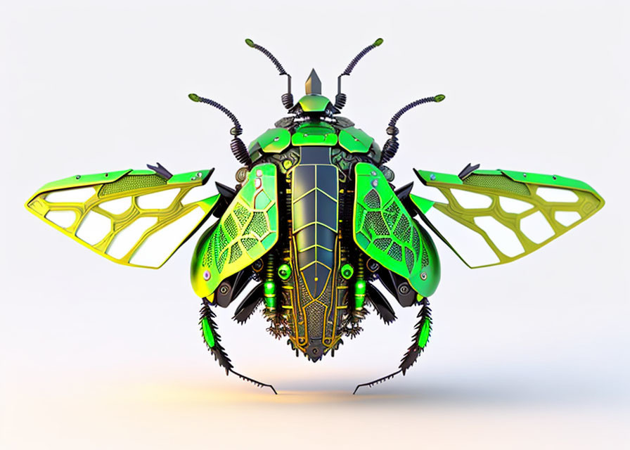 Detailed digital illustration of stylized mechanical insect with green and black patterns.