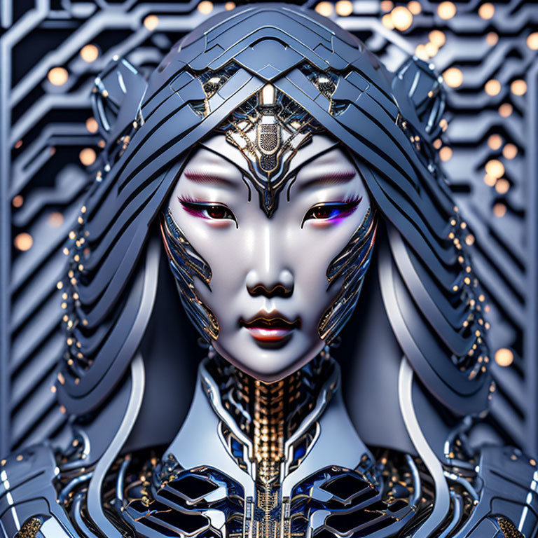 Futuristic female digital art portrait with metallic skin and glowing purple eyes