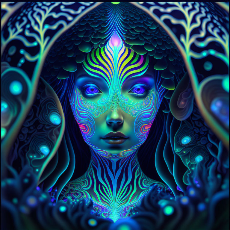 Colorful digital artwork: Woman's face with neon patterns in deep blue, surrounded by mystical tree structure