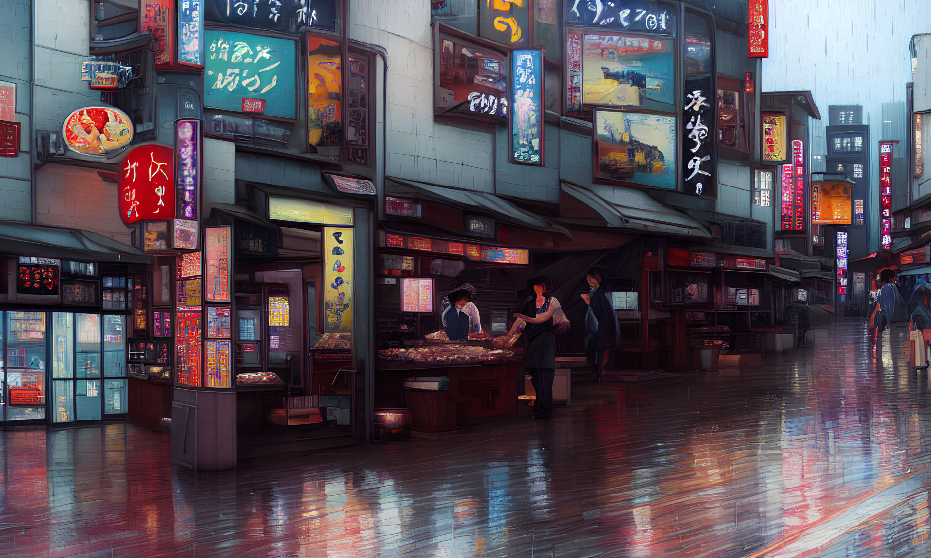 Nighttime street scene with neon signs, outdoor food stall, and wet pavement reflections