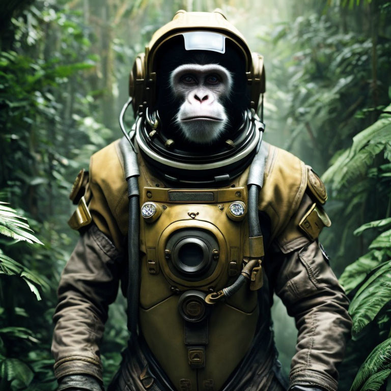 Chimpanzee in astronaut suit in lush jungle setting