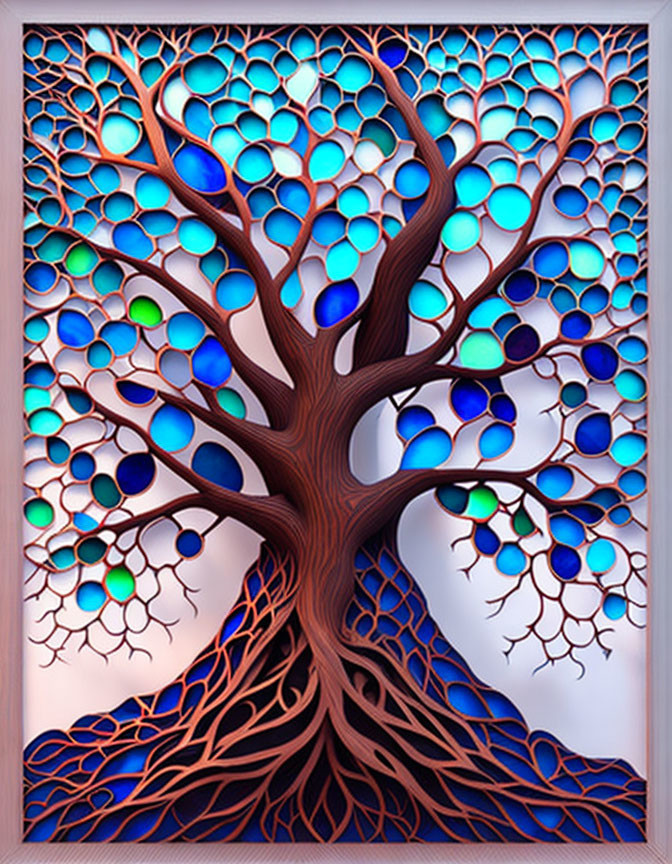 Intricate Stylized Tree Artwork with Blue and Purple Circular Patterns