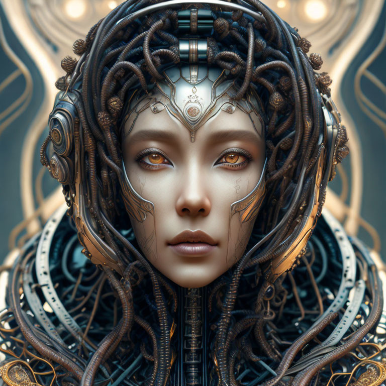 Detailed Close-Up of Female Figure with Futuristic Headgear and Ornate Backdrop