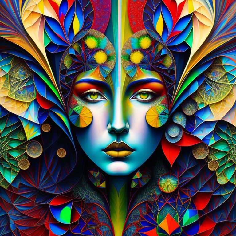 Symmetrical digital artwork of a colorful mythical face